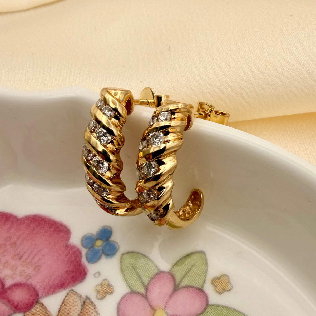 More Butter Please!  🥐🧈 (Vintage 14KT Yellow Gold Croissant Diamond Hoops)
